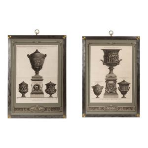 Paire de Vases gravés par Giovanni Battista Piranesi, agrémentés de cadres en acier brossé