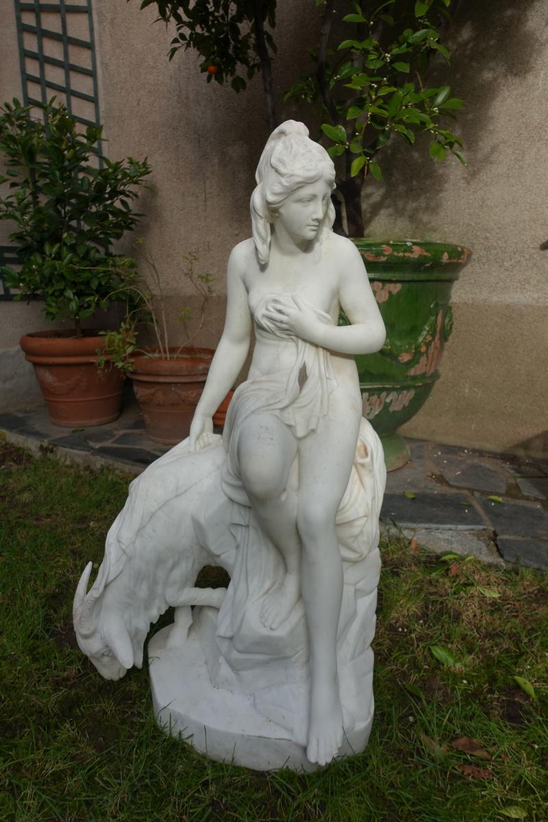 Sculpture En Marbre Blanc, Amalth&eacute;e Et La Ch&egrave;vre De Jupiter, XIX&eacute;me