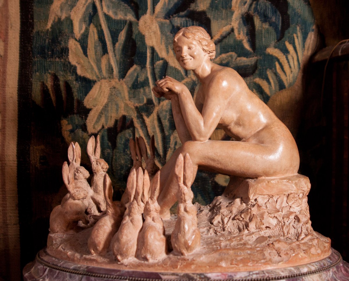 Young Woman With Rabbits, Original Terracotta Group By Jean Magrou (1869-1945)-photo-2