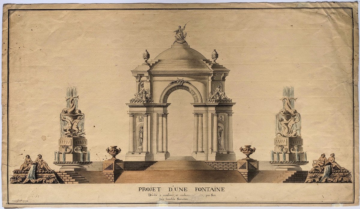 Fountain Project In Pen And Watercolor Dated 1770