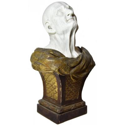 Biscuit Bust Of The Pseudo-seneca After Guido Reni Mounted On A Wooden Sheath, Late 18 Th C. 