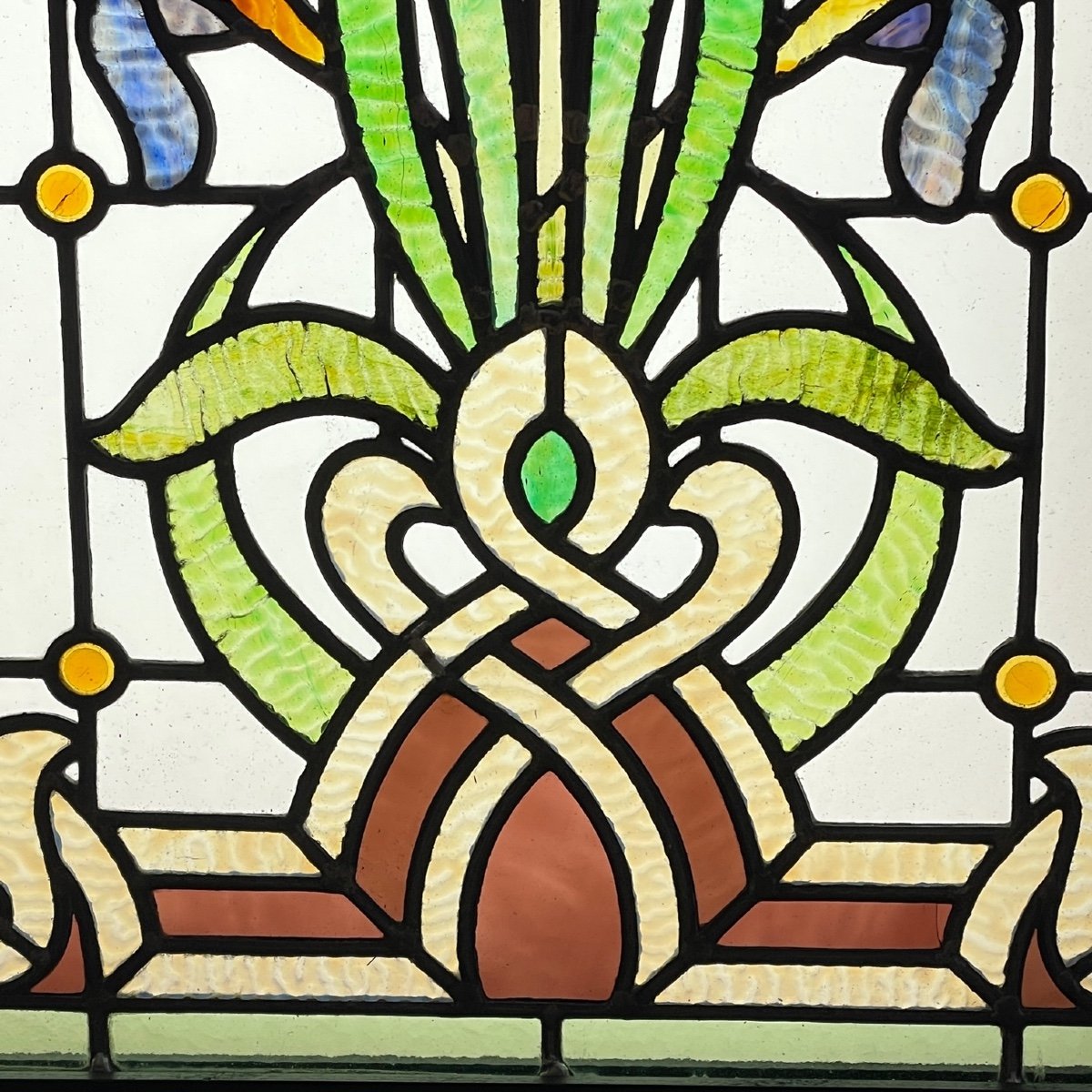 Pair Of Art Nouveau Stained Glass With Irises-photo-2