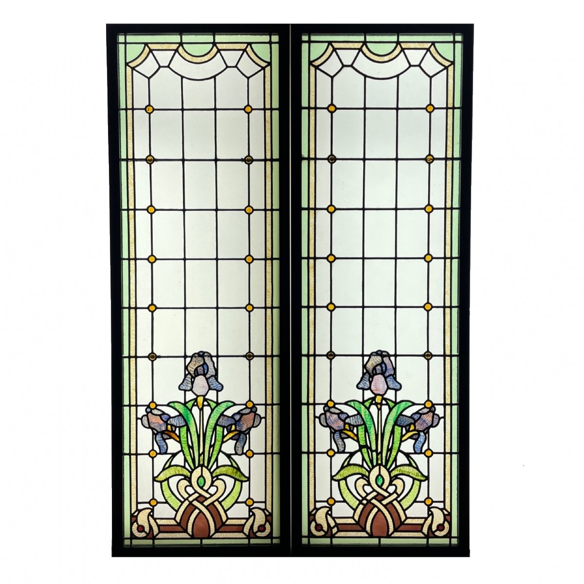 Pair Of Art Nouveau Stained Glass With Irises