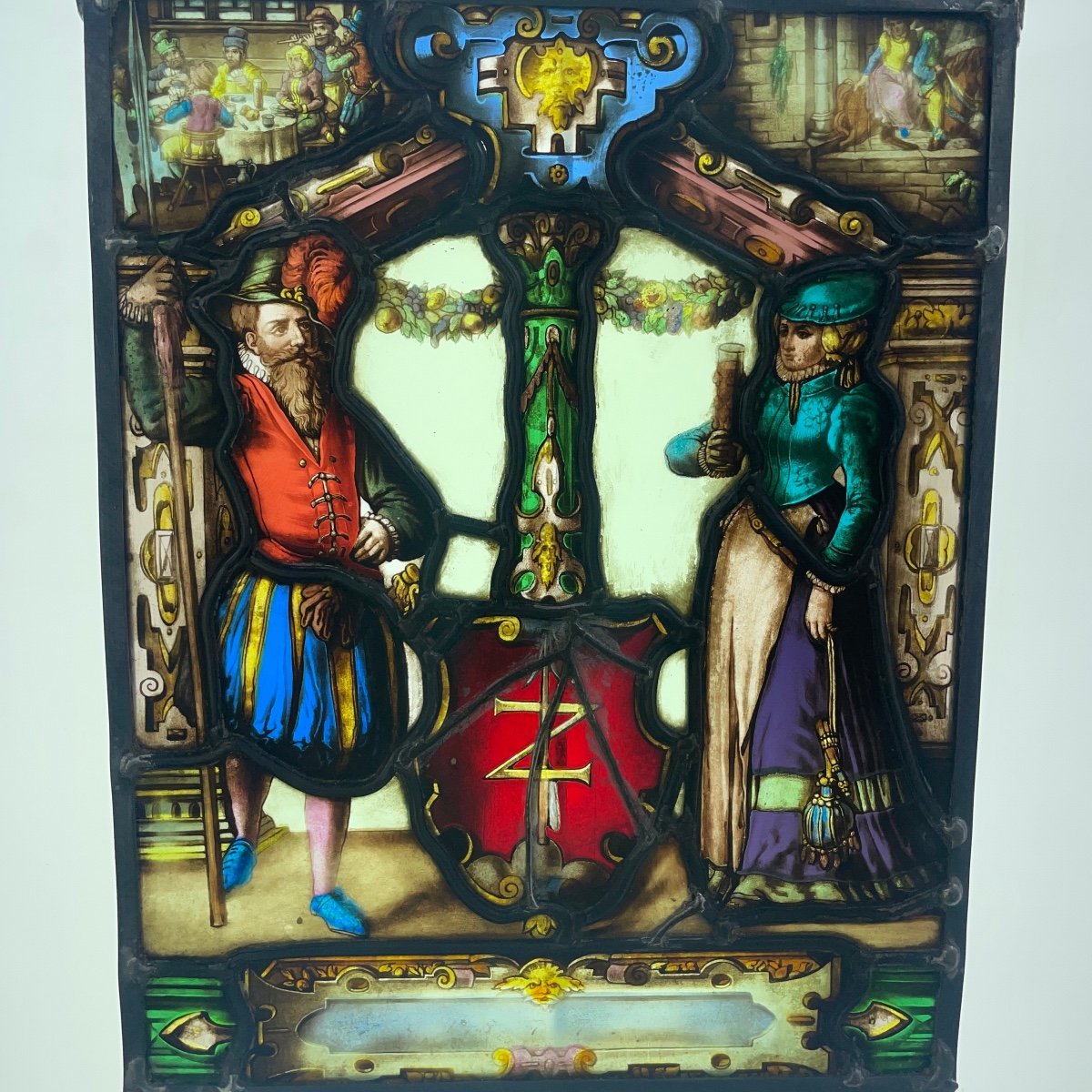 Renaissance Stained Glass Window With Red Coat Of Arms-photo-1