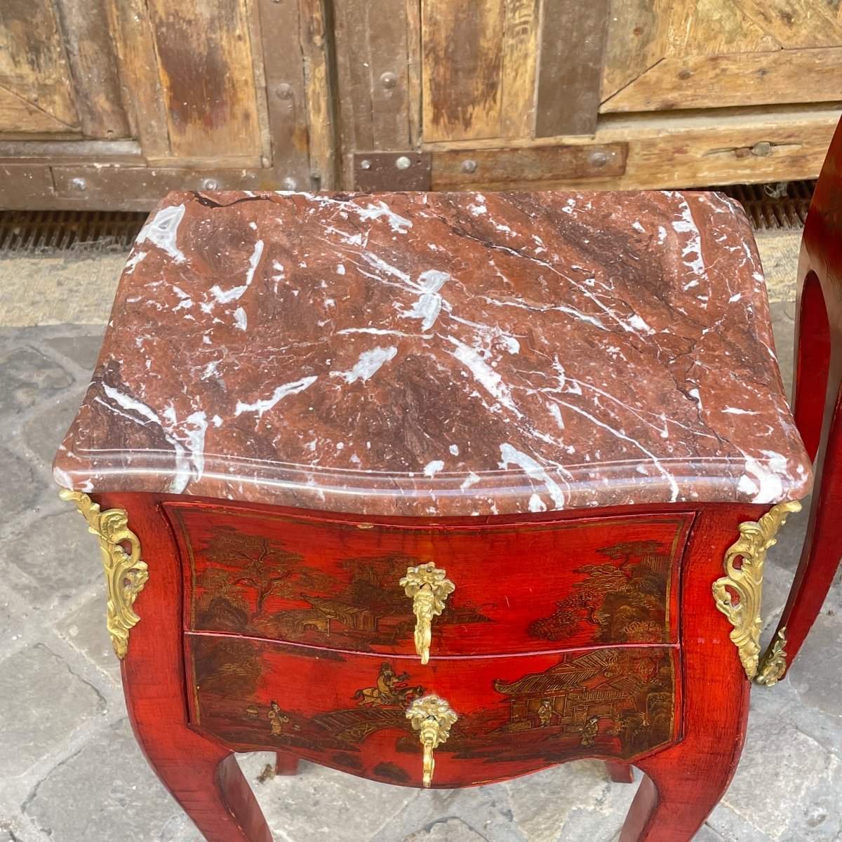 Pair Of Red Lacquer Bedside Tables Chinese Decor-photo-3