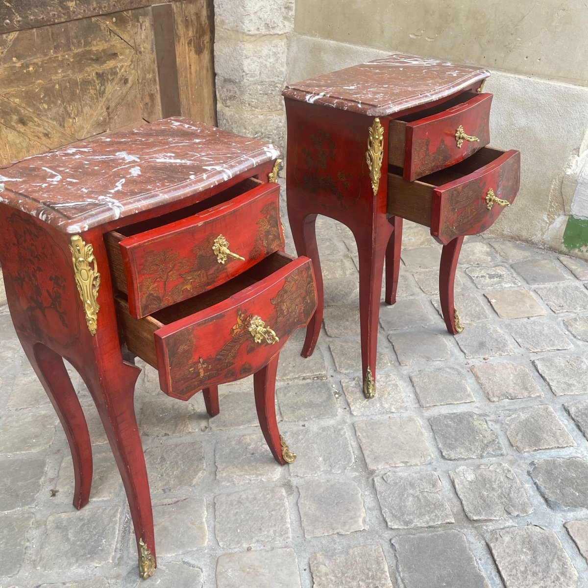 Pair Of Red Lacquer Bedside Tables Chinese Decor-photo-3