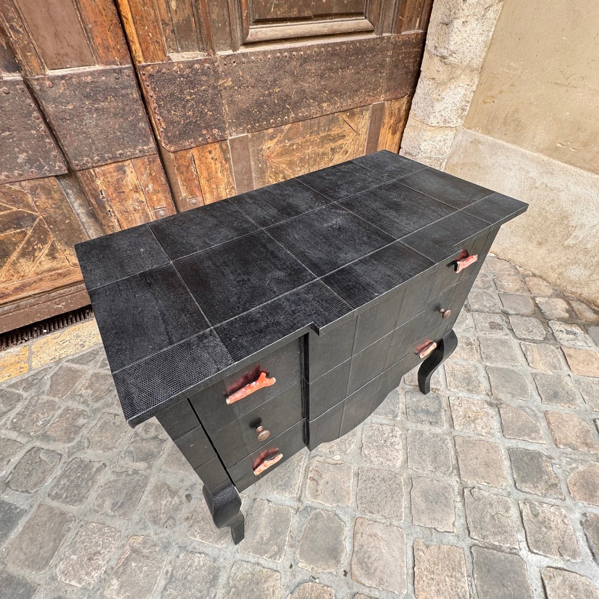 Black Leather Chest Of Drawers With Coral Stamped Ginger Brown-photo-1