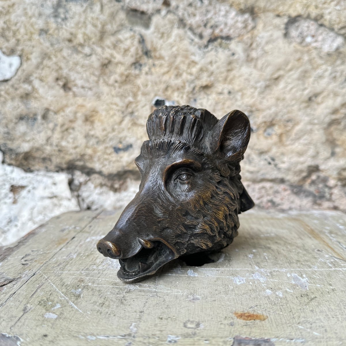 Bronze Boar's Head Inkwell