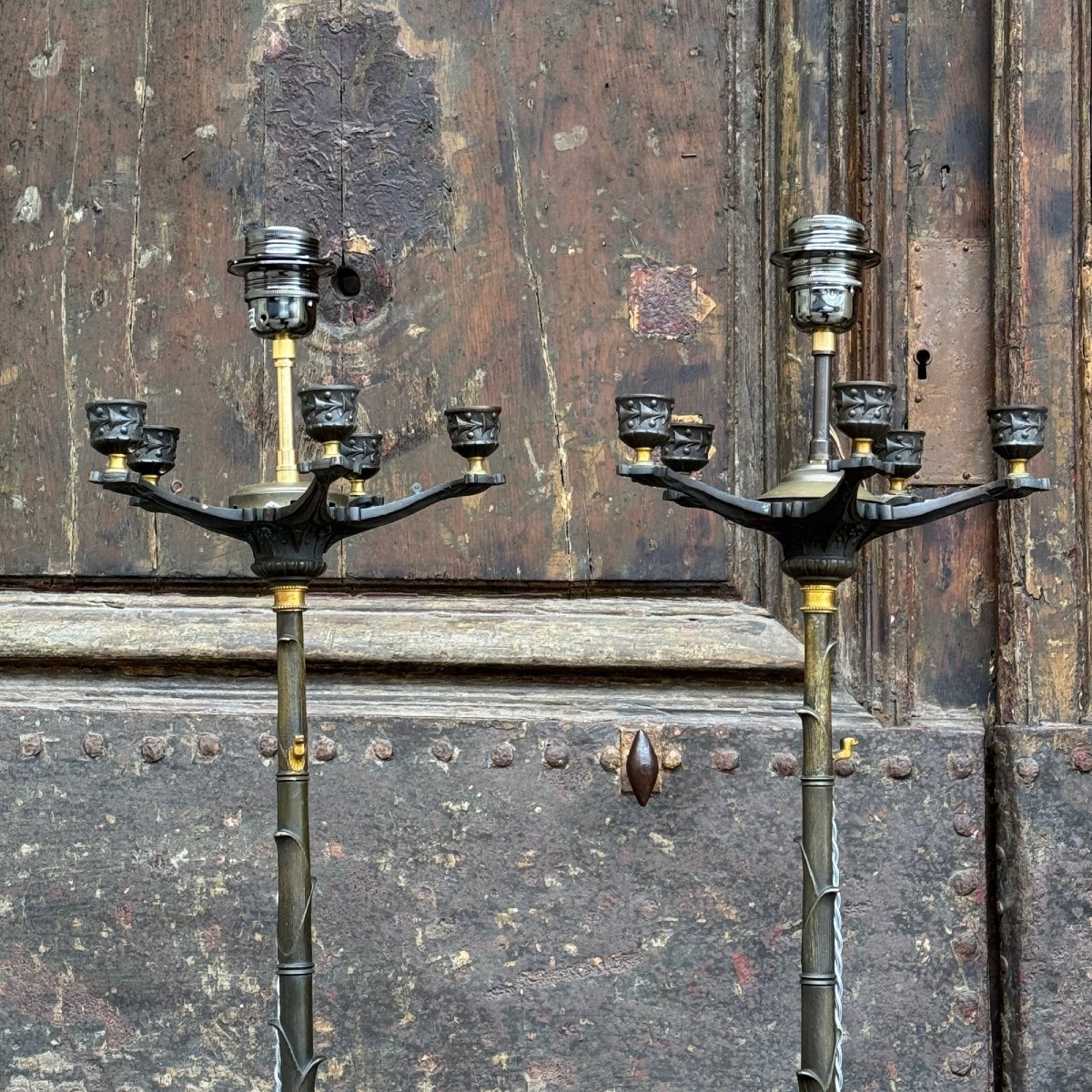 Pair Of Bronze Candlestick Lamps-photo-4