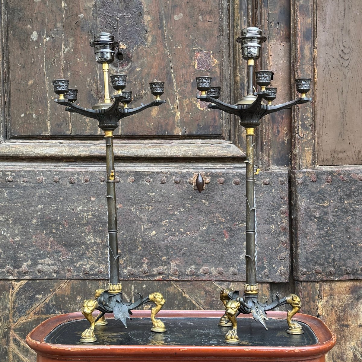 Pair Of Bronze Candlestick Lamps