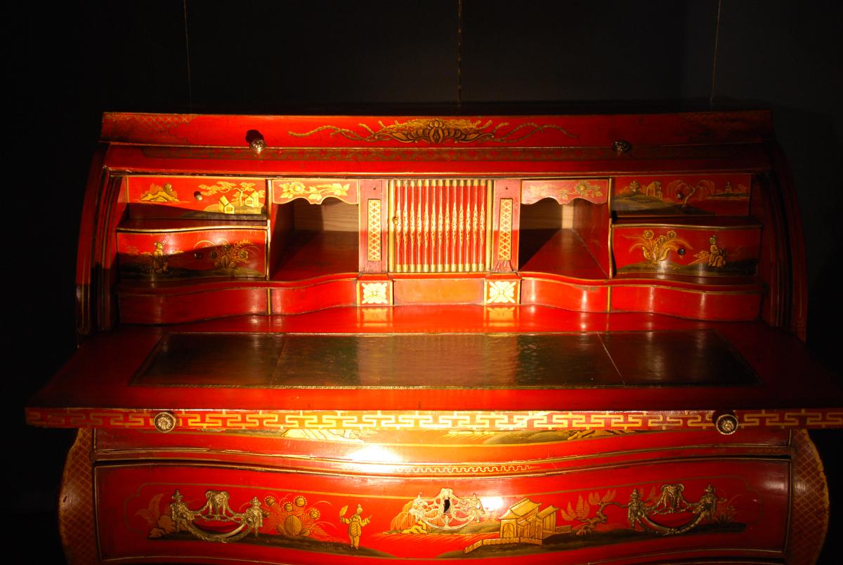 Commode-bureau En Laque Rouge époque Louis XV-photo-2