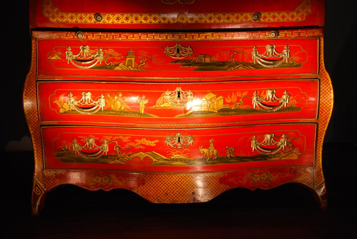 Commode-bureau En Laque Rouge époque Louis XV-photo-3