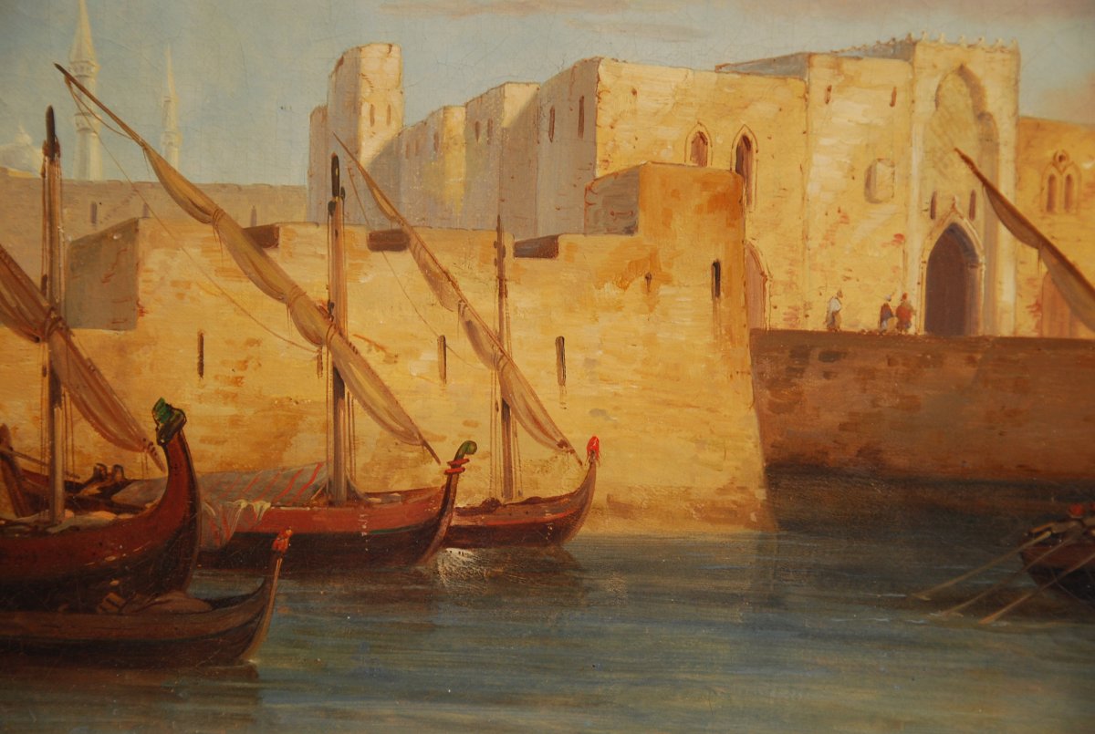 Port de Tripoli signé Th Dubois Vers 1840 Huile Sur Toile H49cm L73cm 