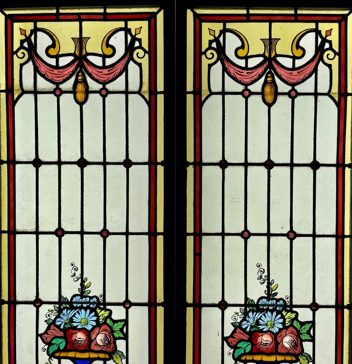 Pair Of Stained Glass With Flower Vases-photo-1