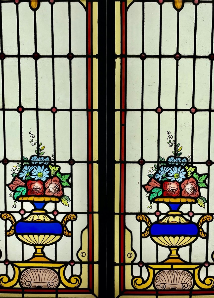 Pair Of Stained Glass With Flower Vases-photo-2