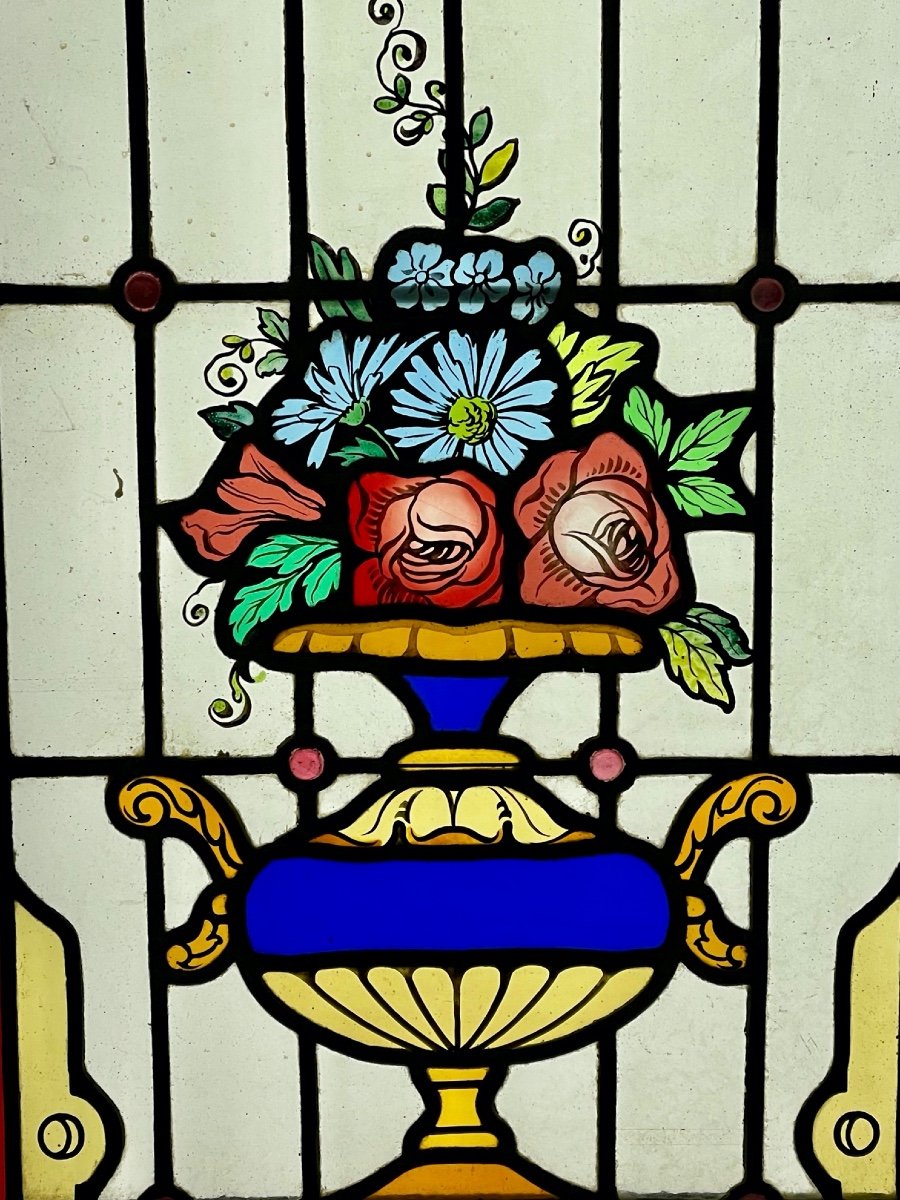 Pair Of Stained Glass With Flower Vases-photo-4