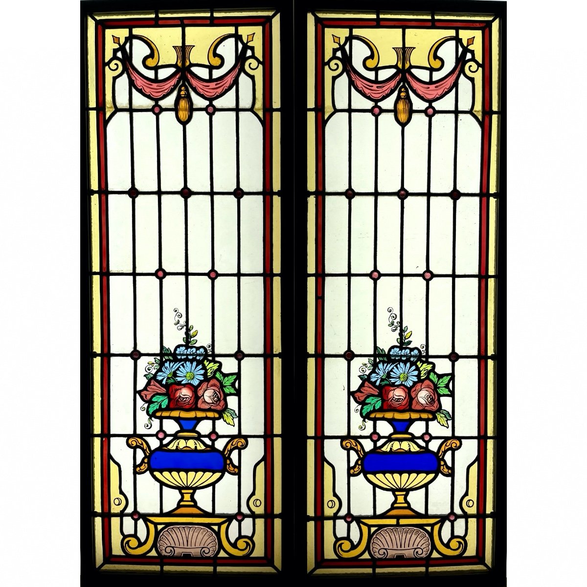 Pair Of Stained Glass With Flower Vases