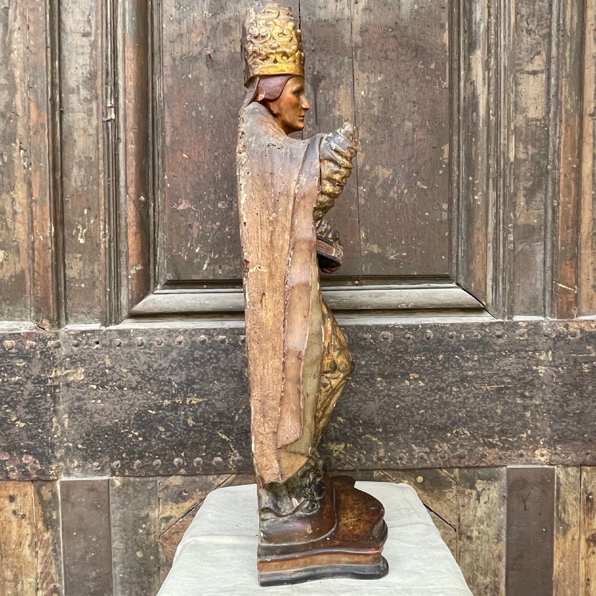 Bishop Statue In Painted And Gilded Wood-photo-2