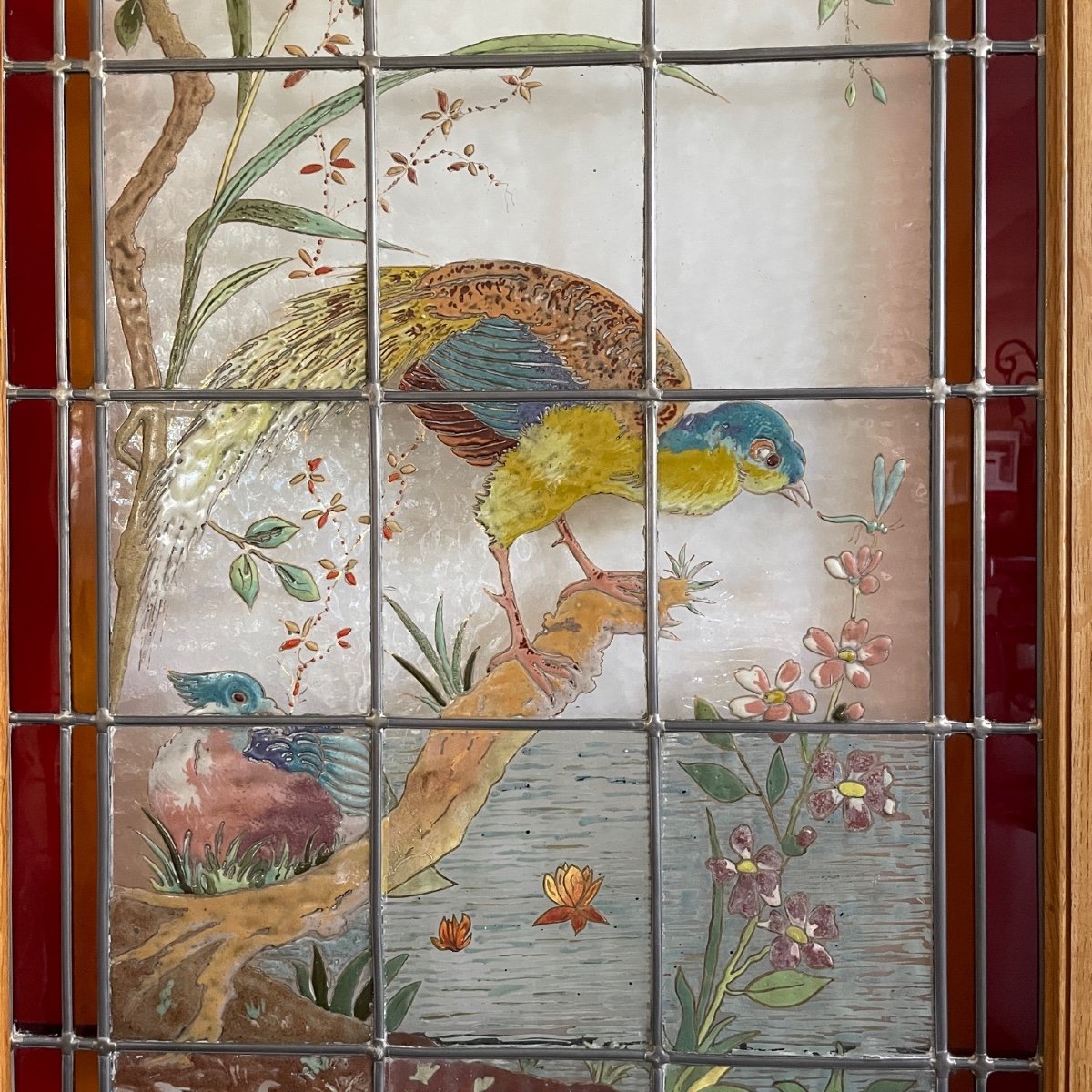 Stained Glass Peacock And Flamingos Signed F Gillen-photo-5