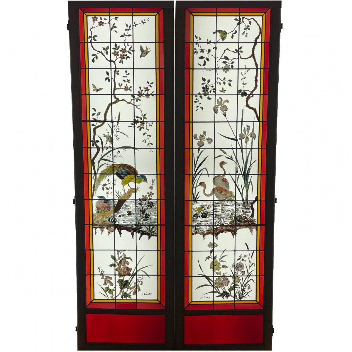 Stained Glass Peacock And Flamingos Signed F Gillen