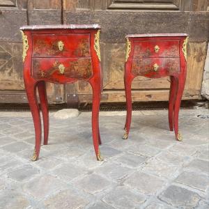 Pair Of Red Lacquer Bedside Tables Chinese Decor