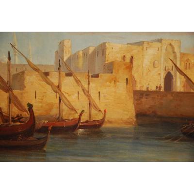 Port de Tripoli signé Th Dubois Vers 1840 Huile Sur Toile H49cm L73cm 