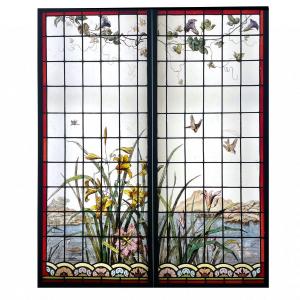 Pair Of Stained Glass With Yellow Irises