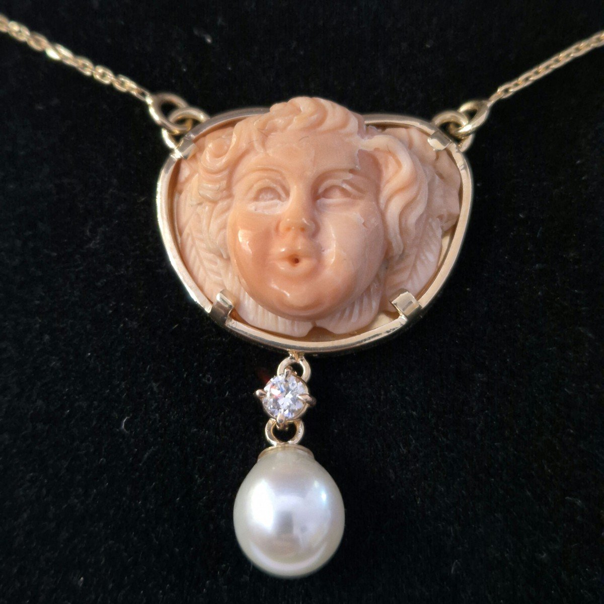 Vintage Cameo Coral Diamond Pearl Pendant