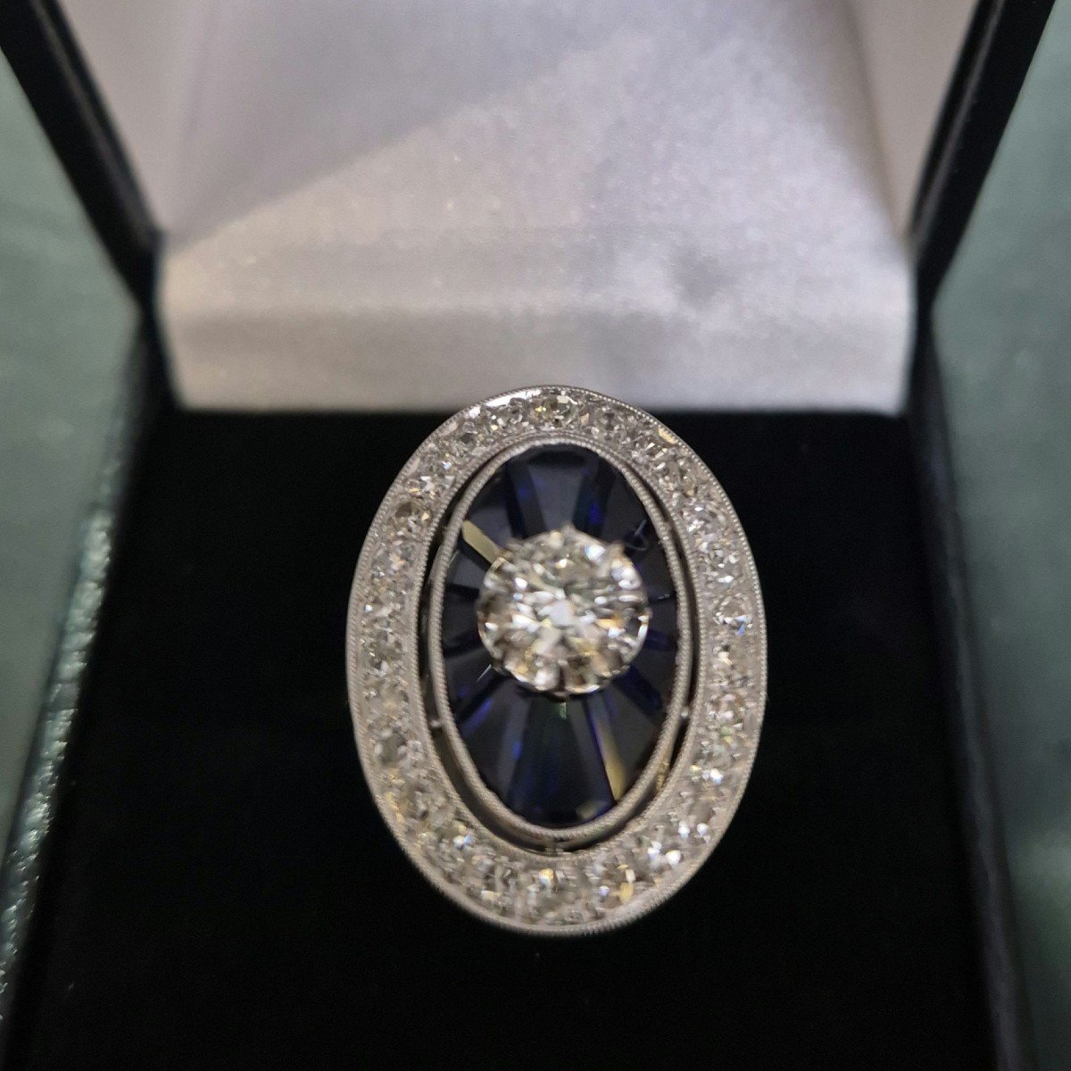 Art Deco Platinum Diamond Sapphire Ring-photo-2