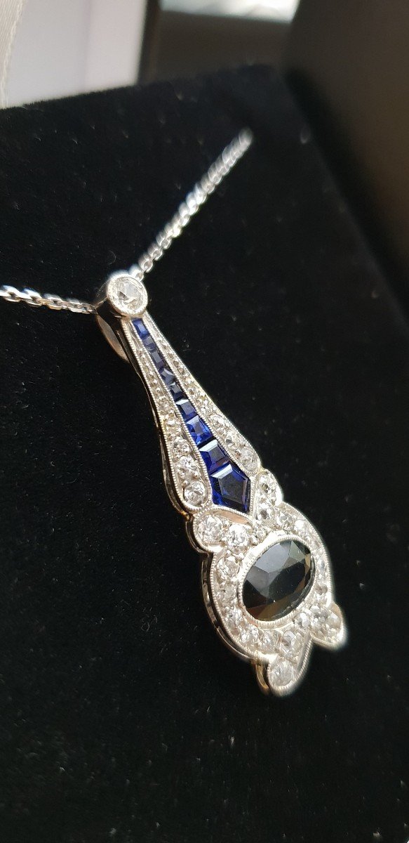 Platinum Art Deco Diamond Sapphire Pendant-photo-3