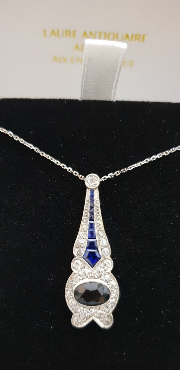 Platinum Art Deco Diamond Sapphire Pendant-photo-2