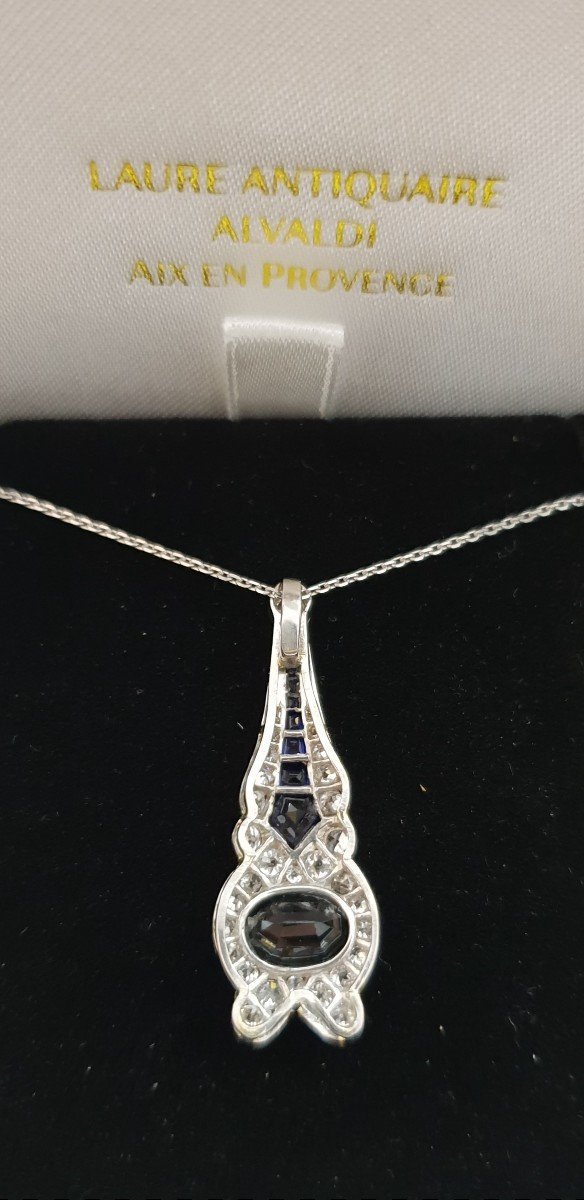 Platinum Art Deco Diamond Sapphire Pendant-photo-4