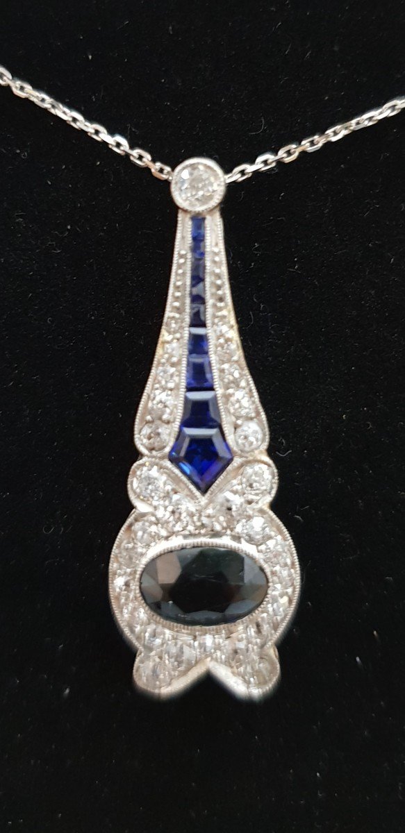 Platinum Art Deco Diamond Sapphire Pendant