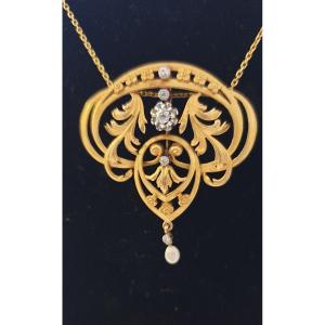 Art Nouveau Gold Diamond Beads Pendant