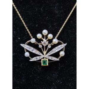Pendentif Napoléon III Diamants Perles émeraude