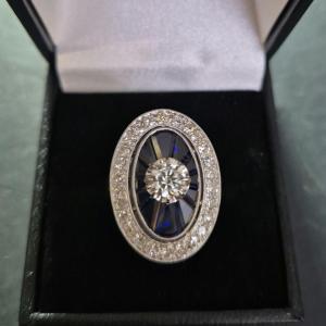 Art Deco Platinum Diamond Sapphire Ring