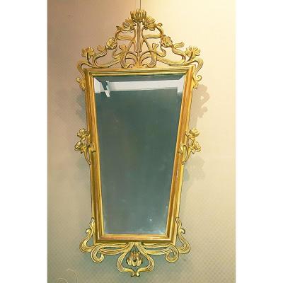 Art Nouveau Mirror In Golden Wood, Ca 1900