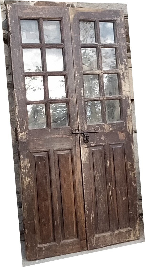 Porte Ancienne Vitrée XIXème En Teck Dans Sa Patine d'Origine Boiserie Portes -photo-1