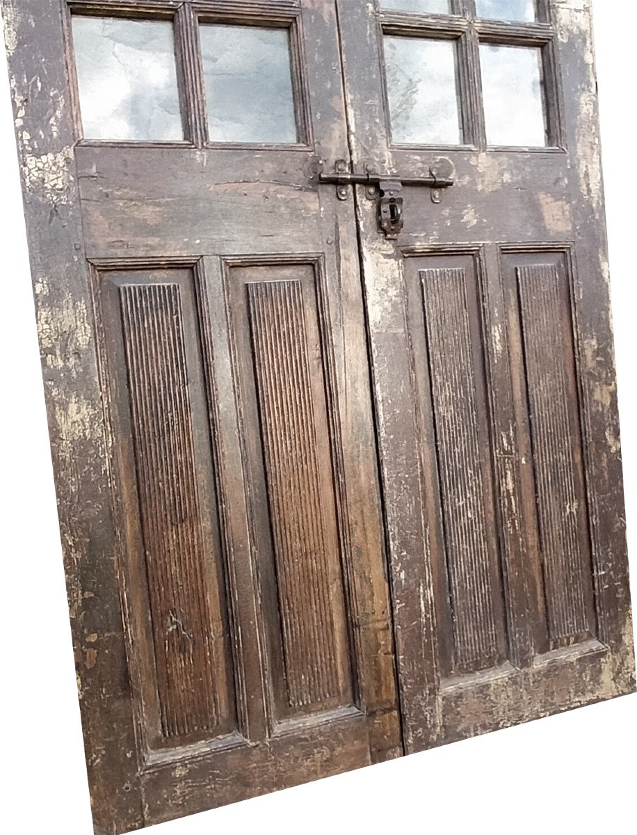 Porte Ancienne Vitrée XIXème En Teck Dans Sa Patine d'Origine Boiserie Portes -photo-3