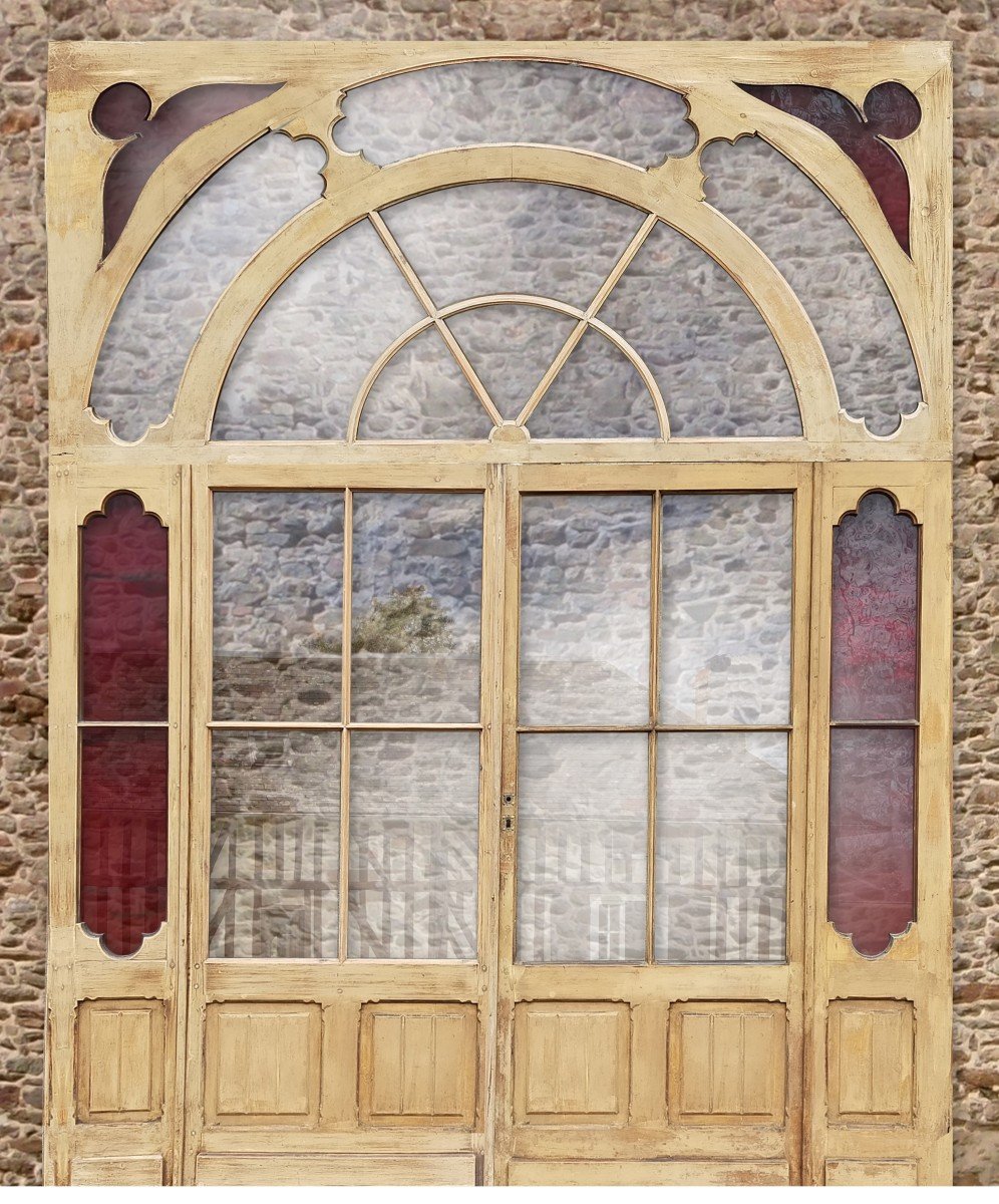 Grande Baie Vitrée Ancienne H317xl240 Cm Avec Son Cadre Portes Atelier Loft Porte Orangerie Prestigieux-photo-2