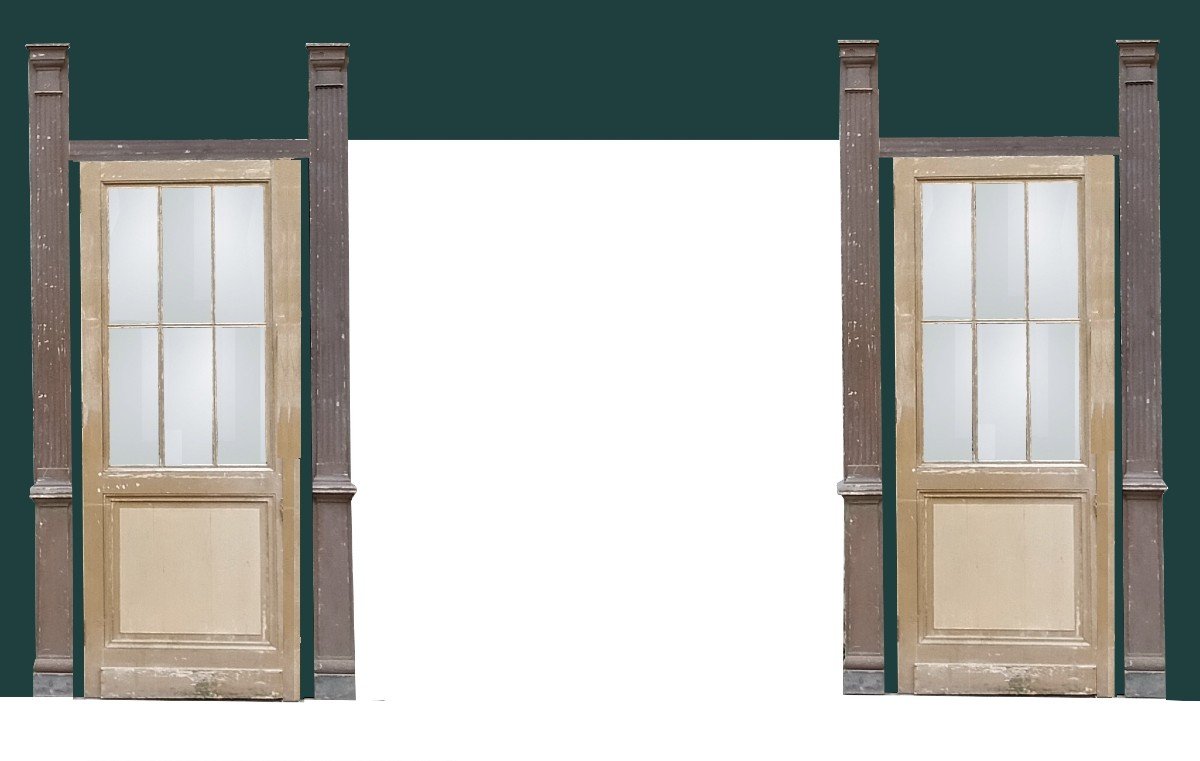 A Pair Of Old Glass Doors Forming Alcove And Their Four Pilasters Woodwork-photo-2