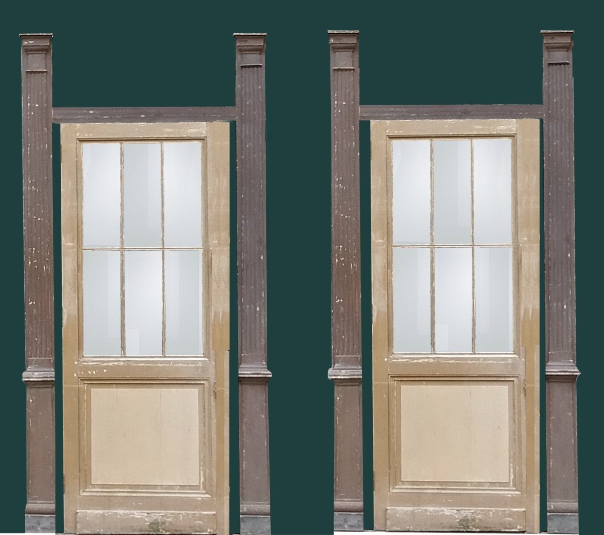 A Pair Of Old Glass Doors Forming Alcove And Their Four Pilasters Woodwork