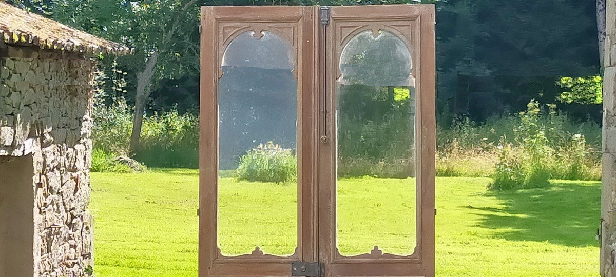 1 Old Double Glass Door Late 19th Century In Oak Orangery Workshop Showcase Door-photo-2