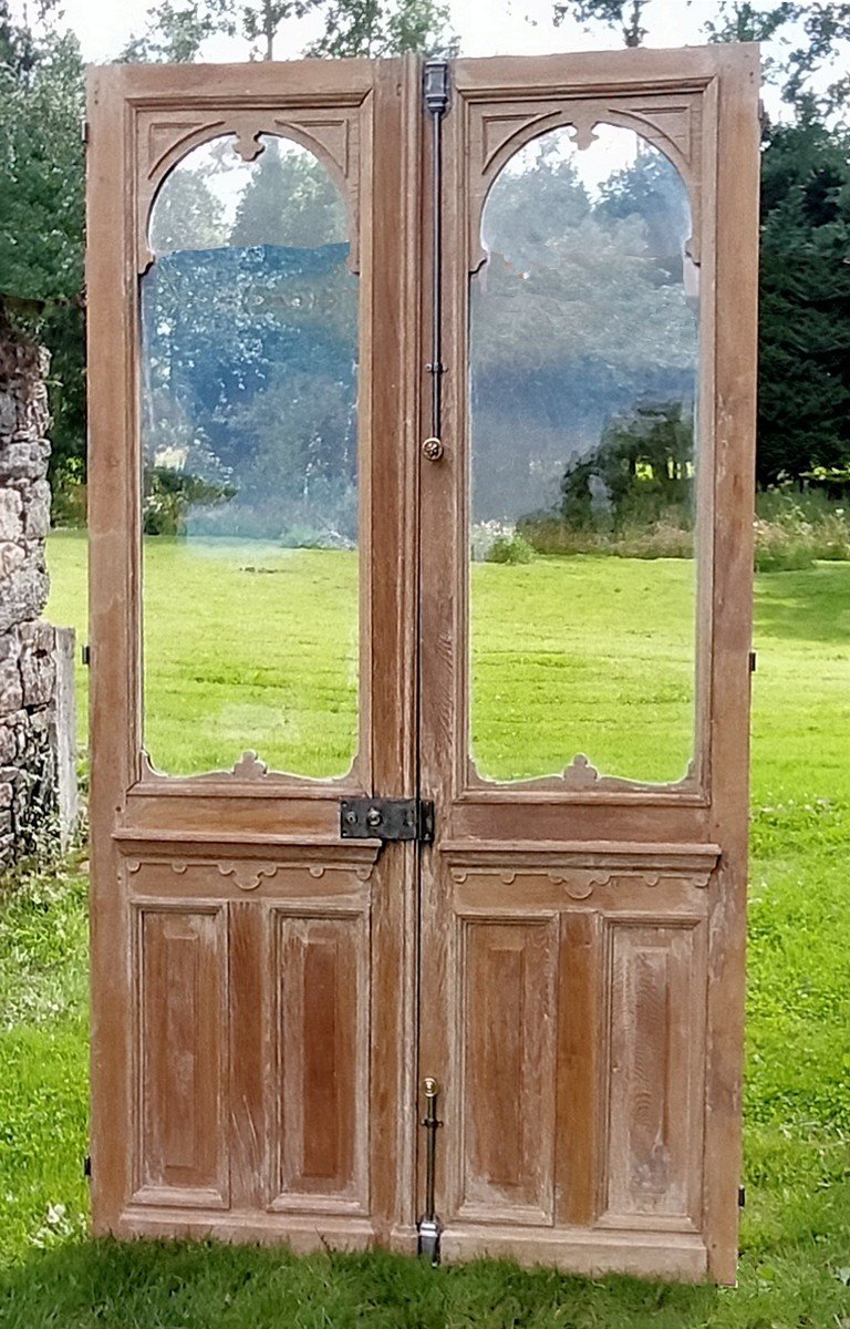 1 Old Double Glass Door Late 19th Century In Oak Orangery Workshop Showcase Door-photo-3