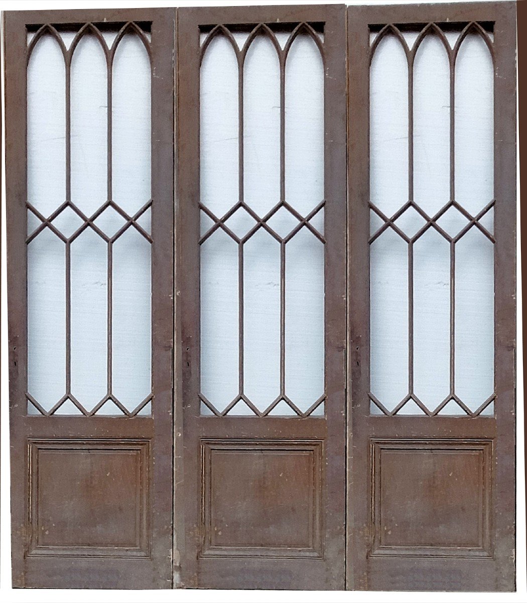 Suite Of Three Old Identical Graphic Glass Doors