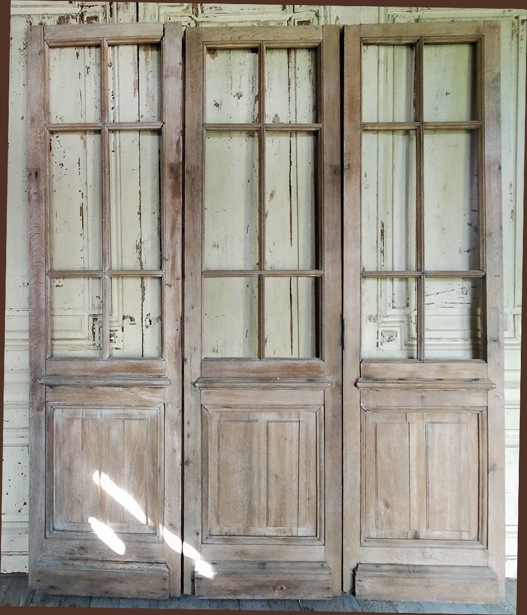 Trois Portes Vitrées Anciennes En Chêne Cloison Séparation Vitrée