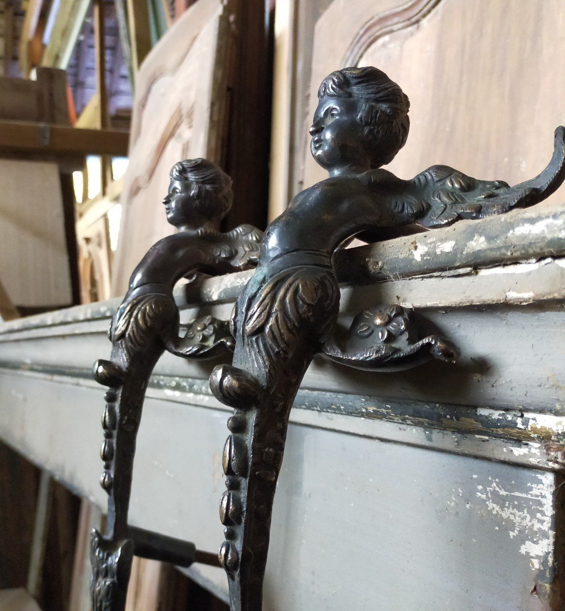 Pair Of Antique Door Pull Handles Angel Cherub Putti Oak Ironwork-photo-3