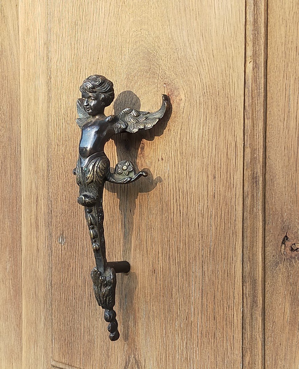 Paire d'Anciennes Poignées De Tirage De Portes Ange Chérubin Putti Chêne Ferronneries-photo-2