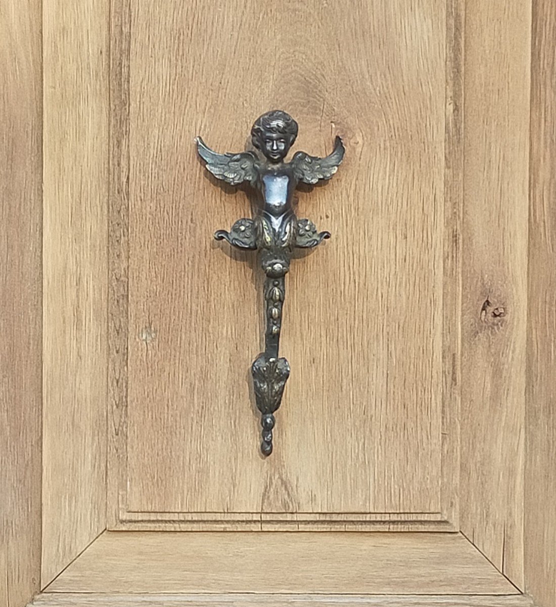 Pair Of Antique Door Pull Handles Angel Cherub Putti Oak Ironwork