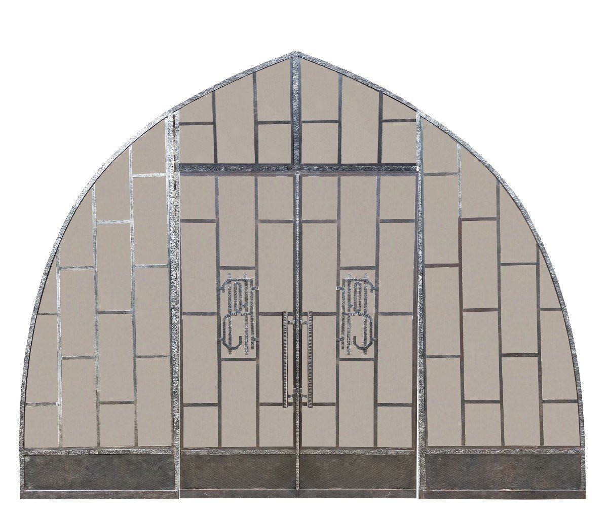 Two Art Deco Period Arched Bay Windows In Hammered And Chiseled Wrought Iron